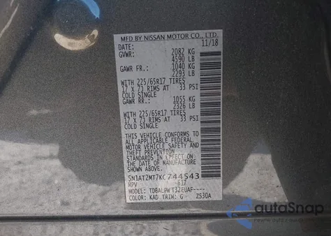 2019 Nissan Rogue S z USA, uszkodzony, nr VIN 5N1AT2MT7KC744543